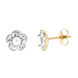Pendientes Oro Bicolor de 9k con forma de flor de 6 mm. perla no natu