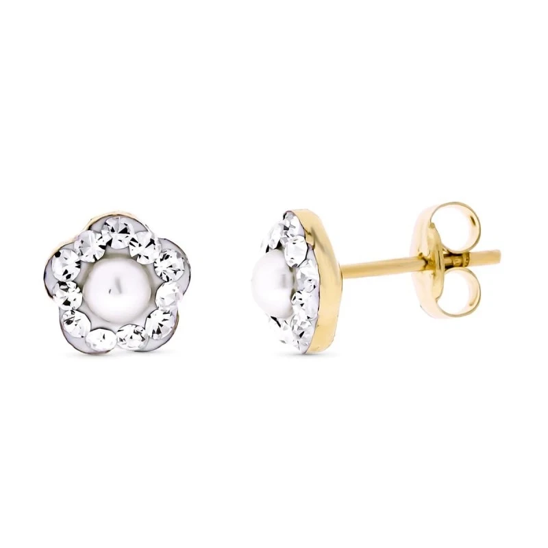 Pendientes Oro Bicolor de 9k con forma de flor de 6 mm. perla no natu