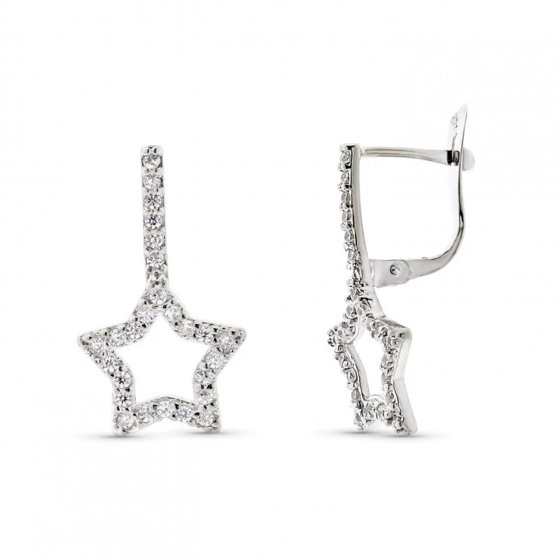 Pendientes Oro Blanco 9k de 20 mm. estrella calada con barra vertical