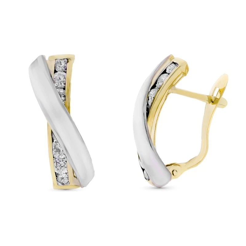 Pendientes en Oro 9k de 18 mm. dos bandas cruzadas circonitas