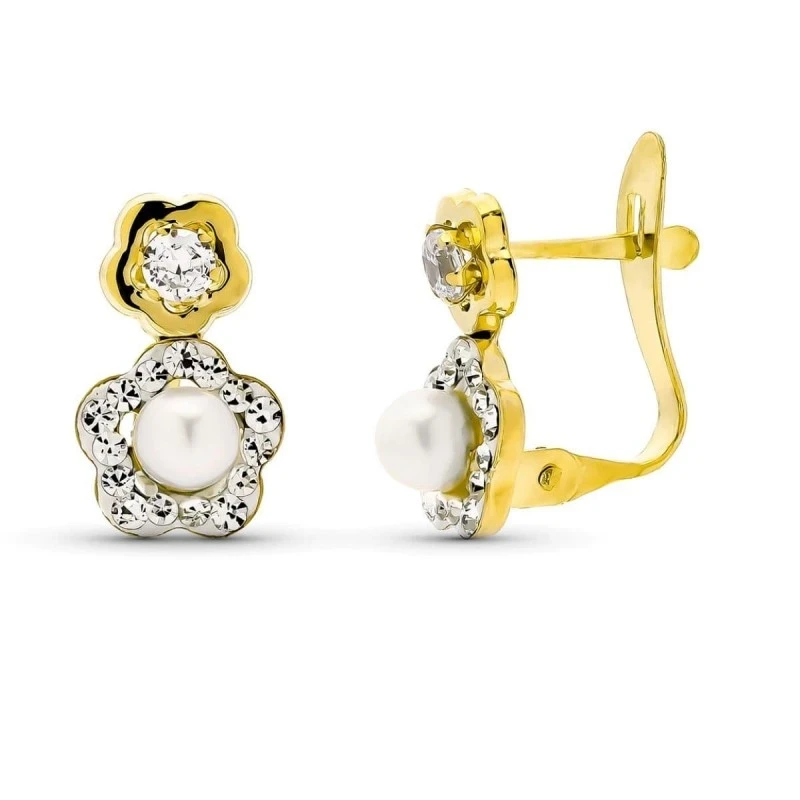Pendientes Oro Bicolor de 9k con forma de flor 12 mm. perla cultivada