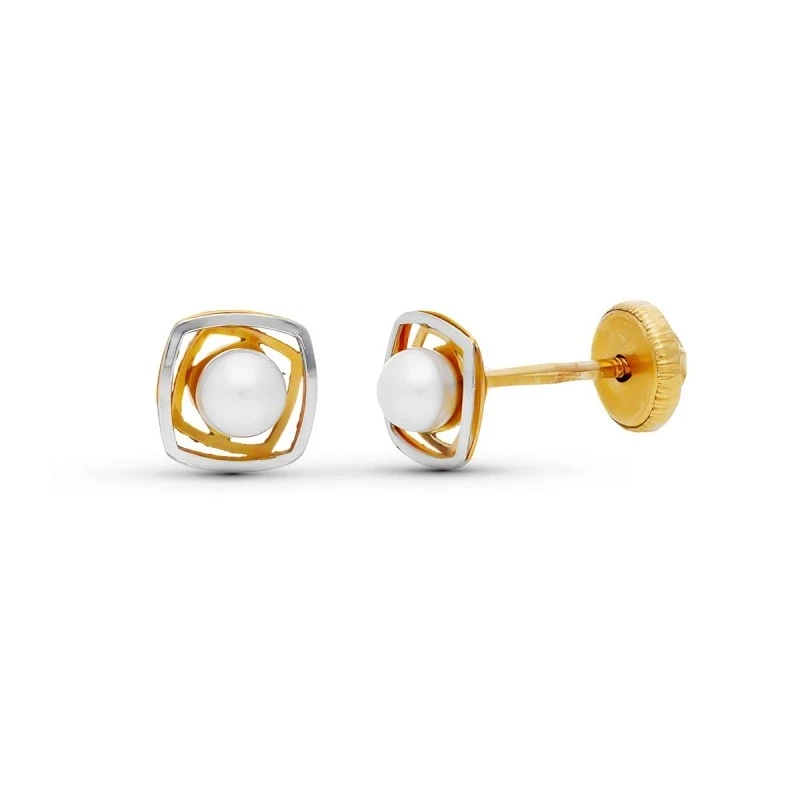 Pendientes en Oro Bicolor de 9k calados con perla no natural en el ce