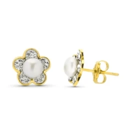 Pendientes en Oro de 9k con forma de flor de 9 mm. con perla no natur