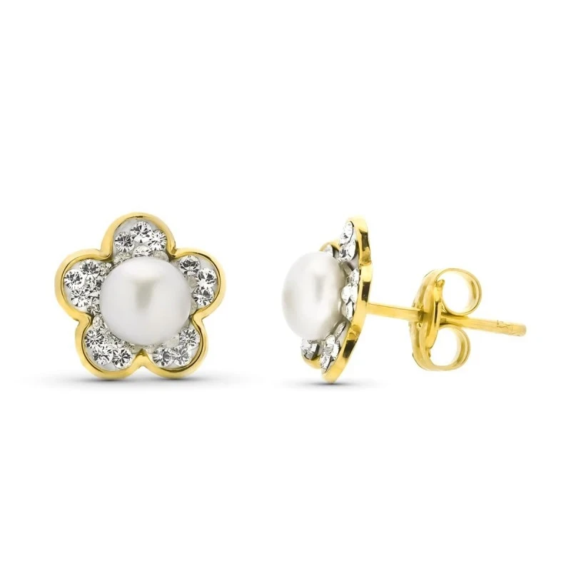 Pendientes en Oro de 9k con forma de flor de 9 mm. con perla no natur