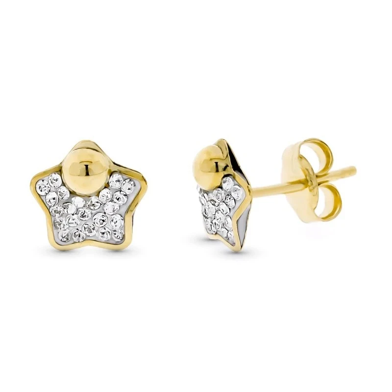 Pendientes Oro Bicolor 9k con forma de estrella de 7 mm. detalle de m