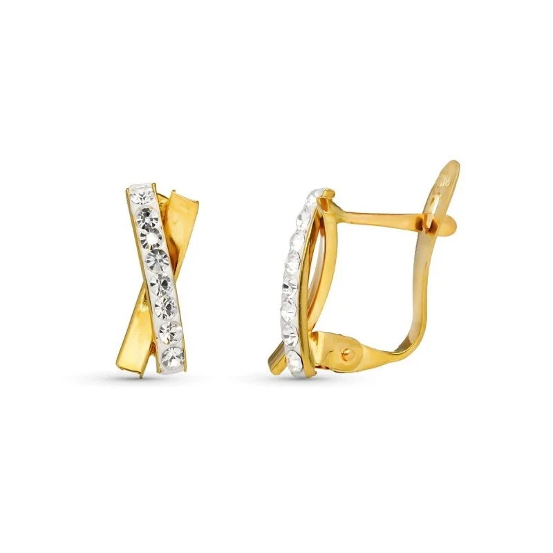 Pendientes Oro 9k con bandas cruzadas de 11 mm. y circonitas