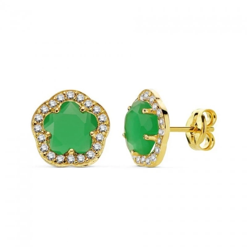 Pendientes en Oro de 9k con forma de flor de 9 mm. con piedra verde e