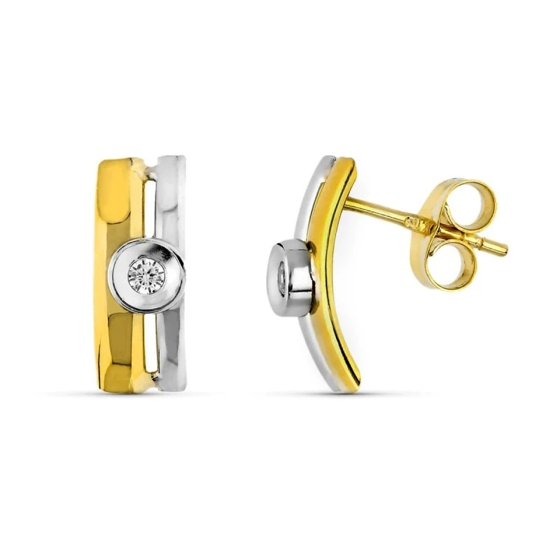 Pendientes en Oro Bicolor de 9k con 13 mm. dos bandas lisas con circo