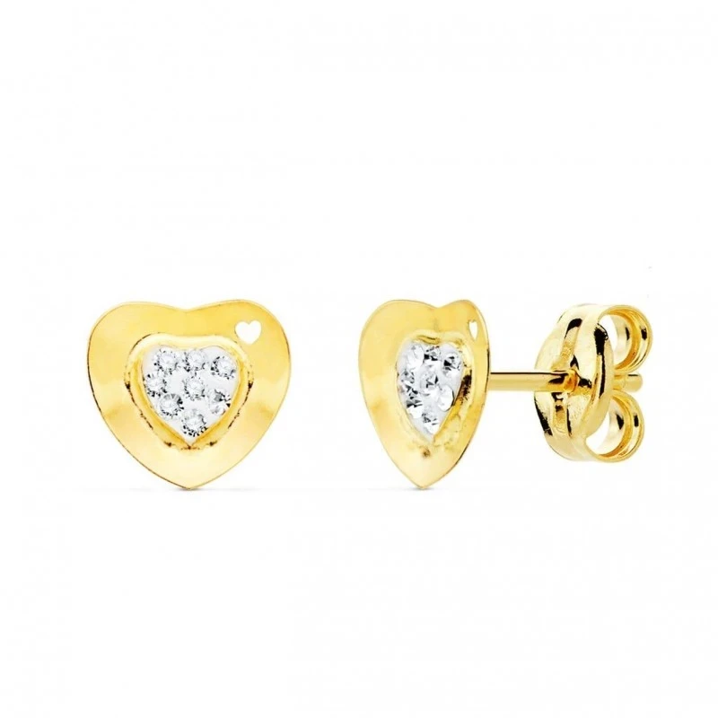 Pendientes en Oro 9k con forma de corazón de 7 mm. circonitas en el c