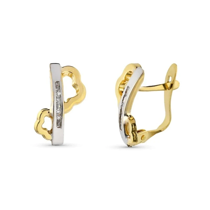 Pendientes en Oro Bicolor de 9k con 13 mm. barra vertical circonitas