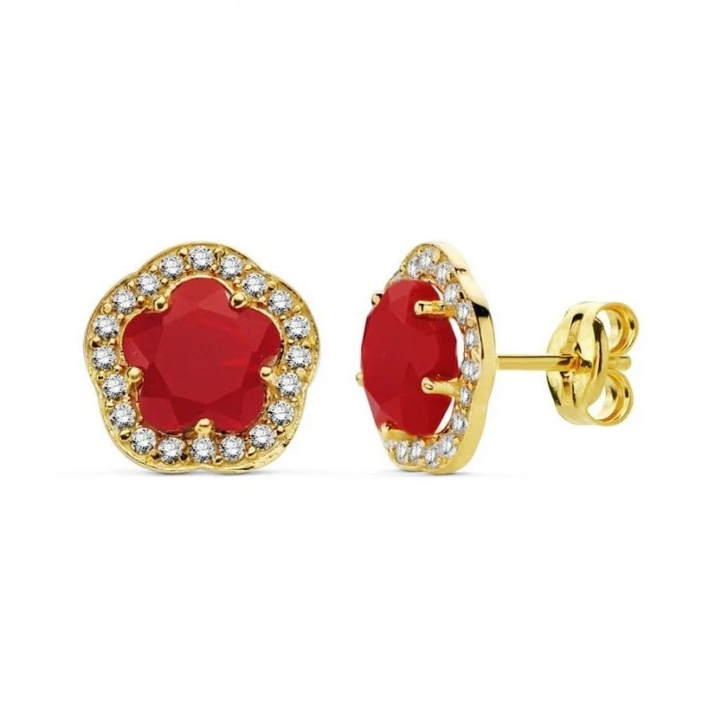 Pendientes de Oro 9k con 9 mm. forma de flor con piedra roja en el ce