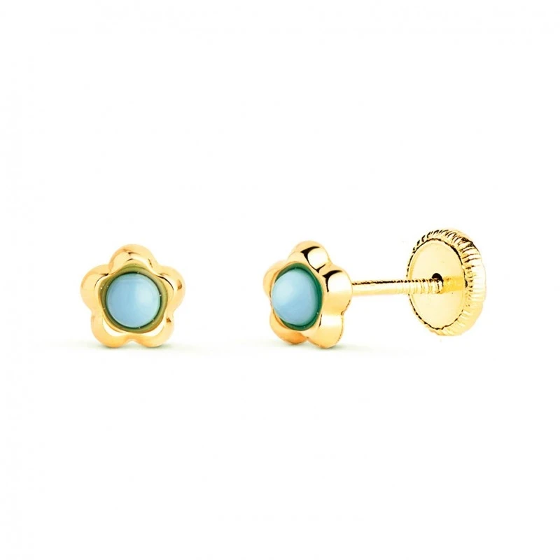 Pendientes en Oro de 9k con forma de flor de 5 mm. con piedra turques