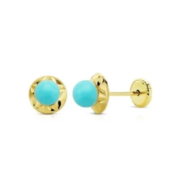 Pendientes en Oro 9k de 6 mm. con piedra turquesa en el centro y deta