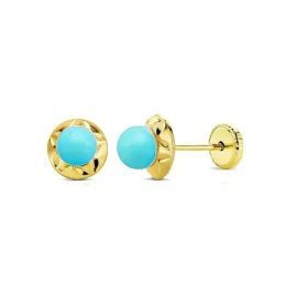 Pendientes en Oro de 9k de 6 mm. tallados con piedra color turquesa c