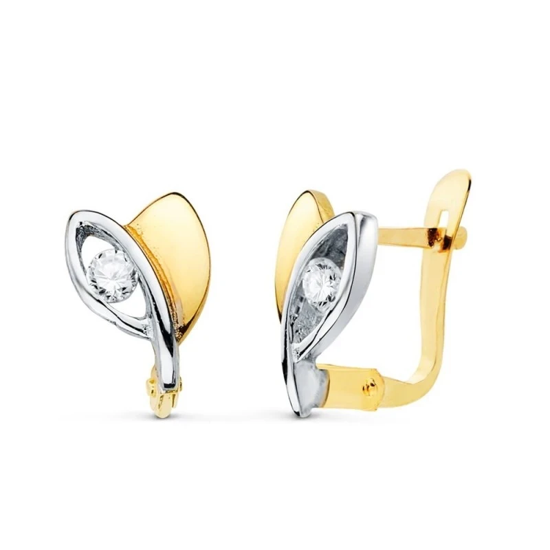 Pendientes oro bicolor 18k niña Primera Comunión 9 mm. dos hojas circ