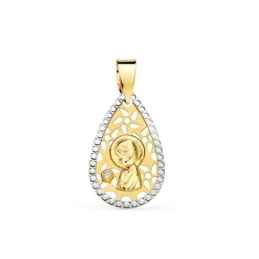 Virgen Niña medalla oro bicolor 18k Primera Comunión 19 mm. bordes ta