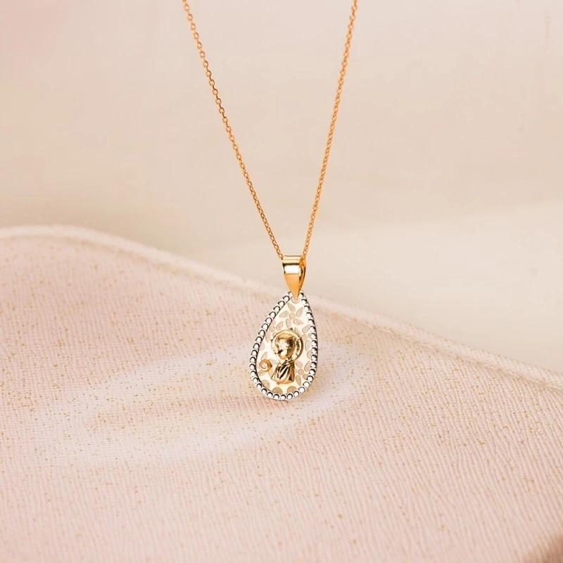 Virgen Niña medalla oro bicolor 18k Primera Comunión 19 mm. bordes ta