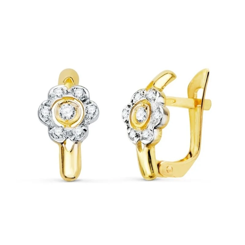 Pendientes oro bicolor 18k niña Primera Comunión 12 mm. circonitas fo