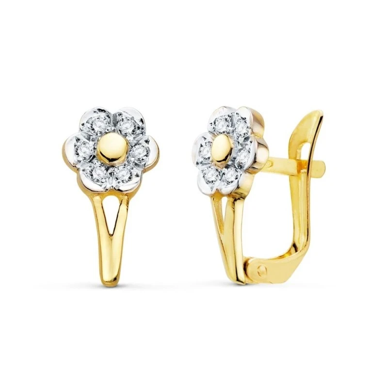 Pendientes oro bicolor 18k niña Primera Comunión 13 mm. forma flor ci