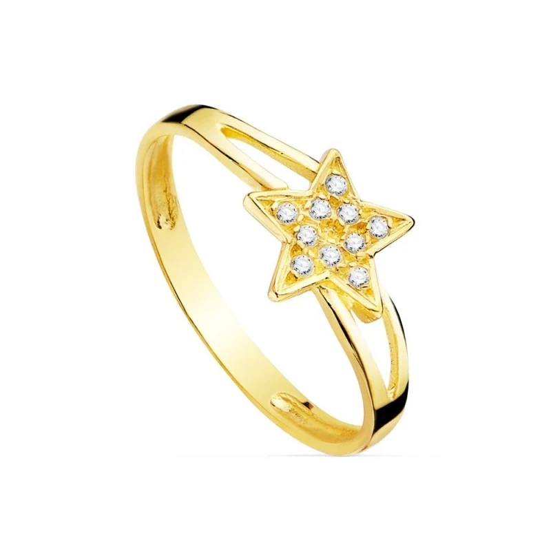 Sortija oro 18k niña Primera Comunión estrella centro cabeza circonit