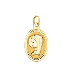 Virgen Niña medalla oro 18k Primera Comunión 19 mm. borde bisel