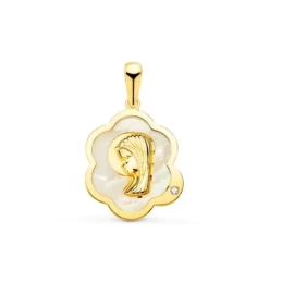 Virgen Niña medalla oro 18k Primera Comunión 15 mm. nácar forma nube