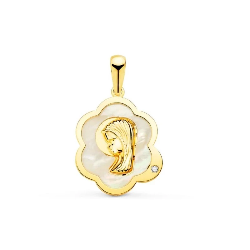 Virgen Niña medalla oro 18k Primera Comunión 15 mm. nácar forma nube