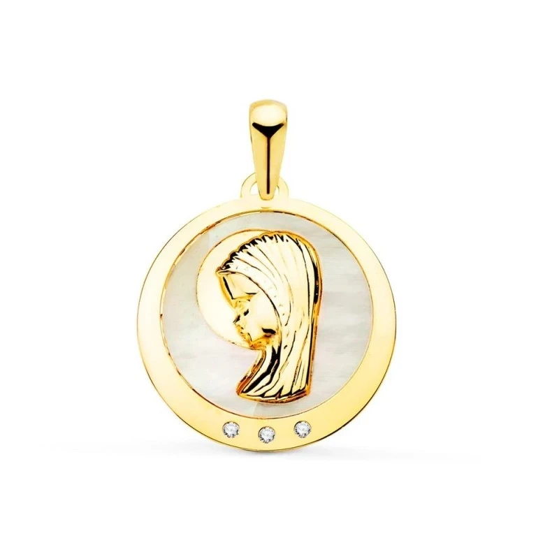 Virgen Niña medalla oro 18k Primera Comunión 19 mm. nácar fondo combi