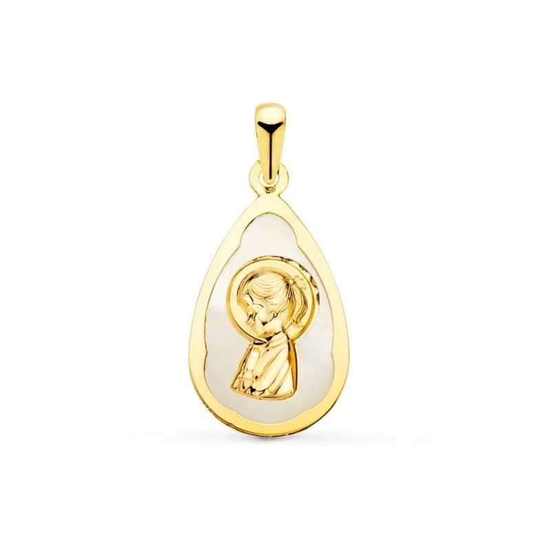 Virgen Niña medalla oro 18k Primera Comunión 19 mm. nácar forma gota