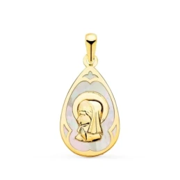 Virgen Niña medalla oro 18k Primera Comunión 21 mm. forma gota nácar