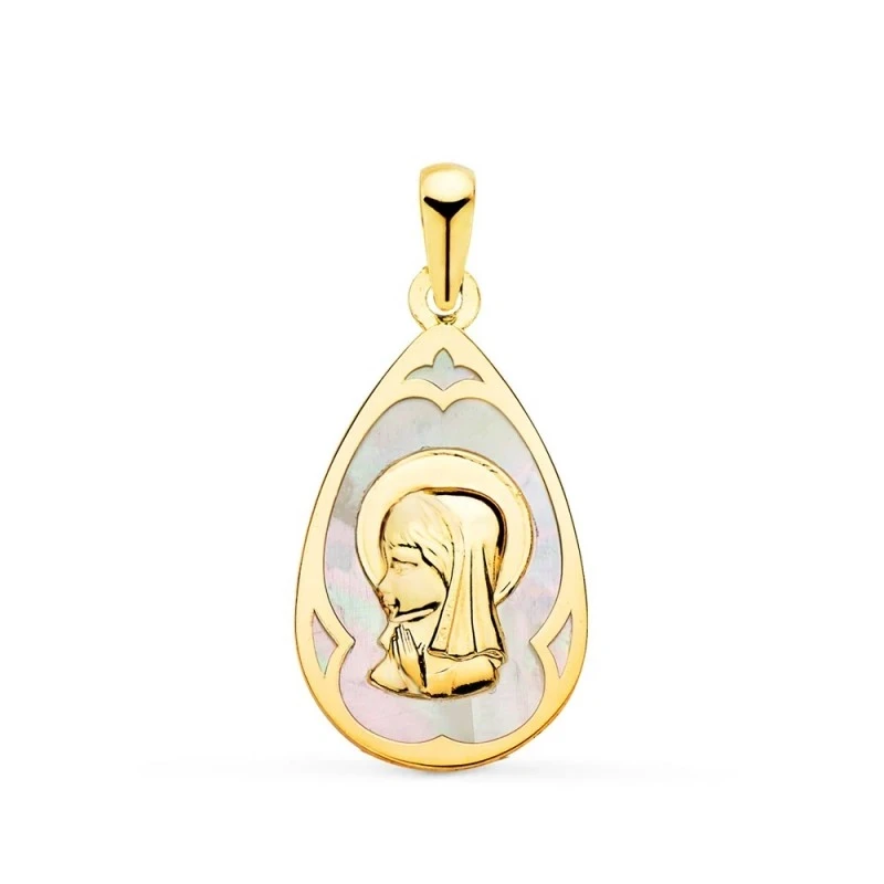 Virgen Niña medalla oro 18k Primera Comunión 21 mm. forma gota nácar
