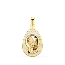 Virgen Niña medalla oro 18k Primera Comunión 19 mm. nácar fondo forma