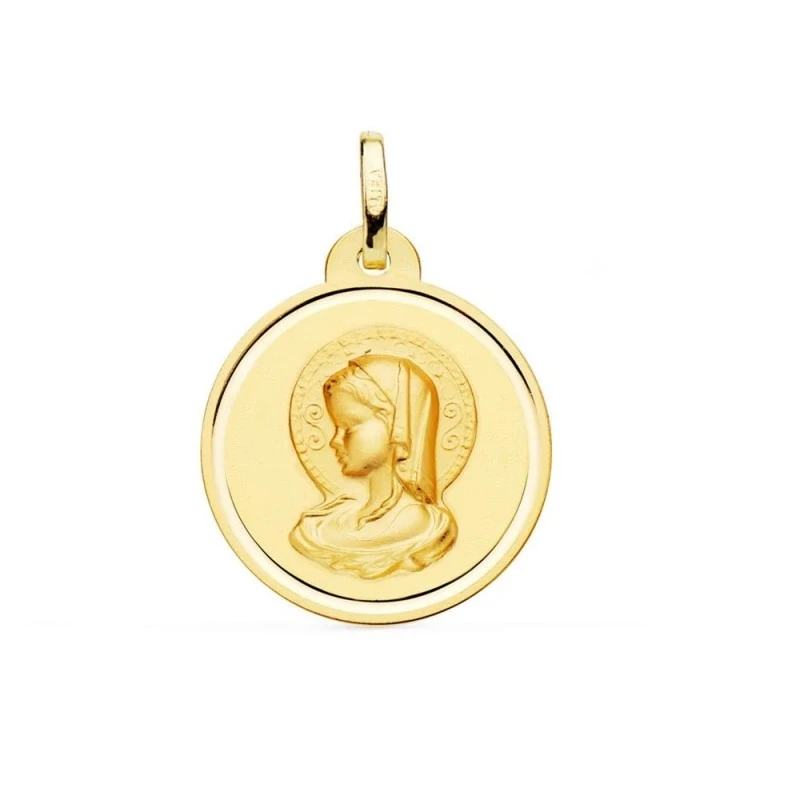 Virgen María medalla oro 18k Primera Comunión colgante 20 mm. detalle