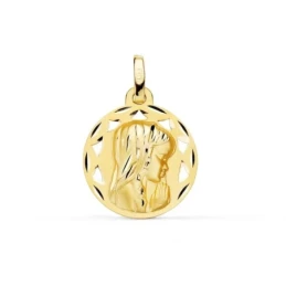 Virgen Niña medalla oro 18k Primera Comunión colgante 18 mm. detalles