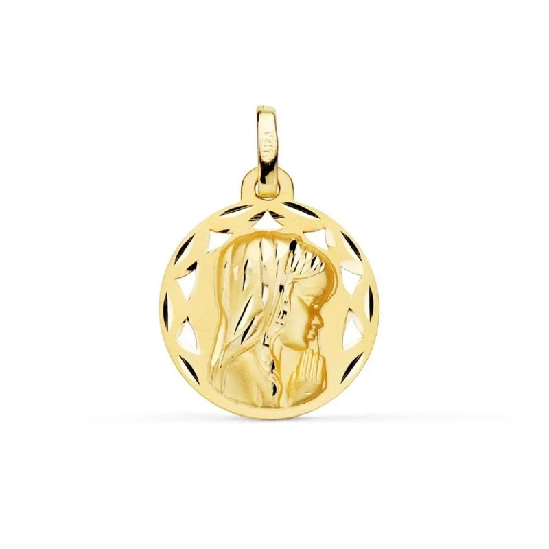 Virgen Niña medalla oro 18k Primera Comunión colgante 18 mm. detalles