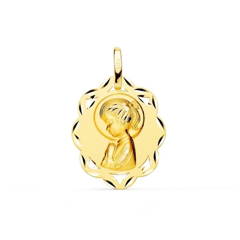 Virgen Niña medalla oro 18k Primera Comunión colgante 20 mm. mate bri