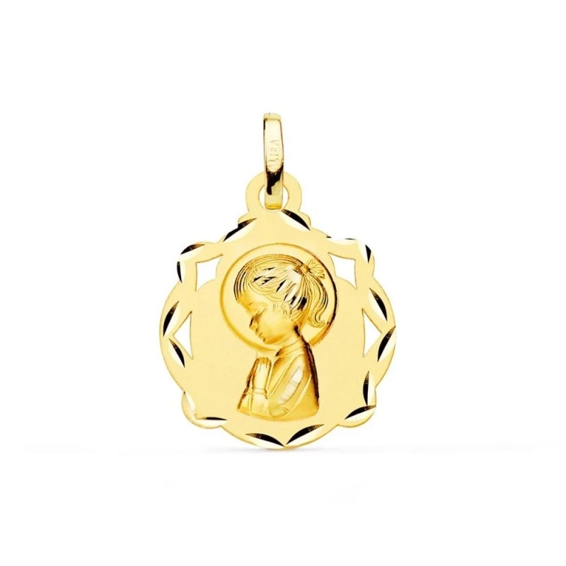 Virgen Niña medalla oro 18k Primera Comunión colgante 14 mm. detalles