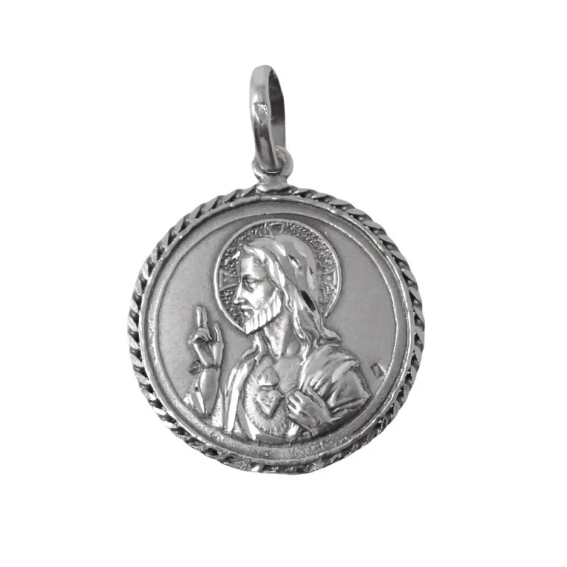 Medalla colgante plata Ley 925m escapulario macizo 24mm. Cristo Corazón de Jesús Virgen del Carmen