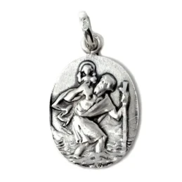 Medalla colgante plata Ley 925m maciza 22mm. San Cristobal oval detalles tallados trasera lisa