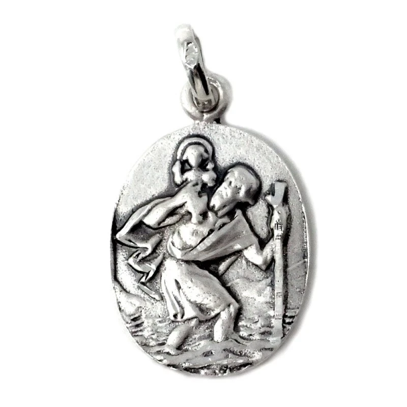 Medalla colgante plata Ley 925m maciza 22mm. San Cristobal oval detalles tallados trasera lisa