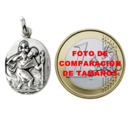 Medalla colgante plata Ley 925m maciza 22mm. San Cristobal oval detalles tallados trasera lisa