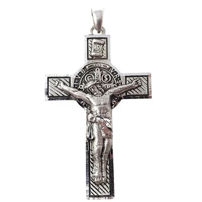 Cruz crucifijo plata Ley 925m San Benito 55 mm. macizo colgante doble