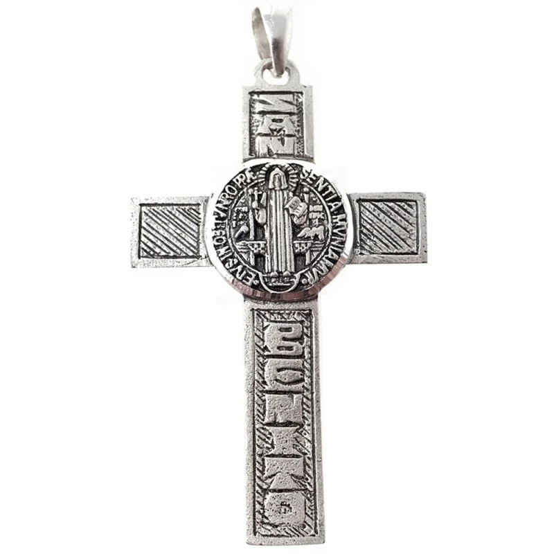 Cruz crucifijo plata Ley 925m San Benito 55 mm. macizo colgante doble