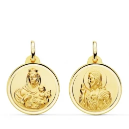 Medalla oro 18k colgante escapulario 20mm. Virgen del Carmen Corazón de Jesús bisel unisex