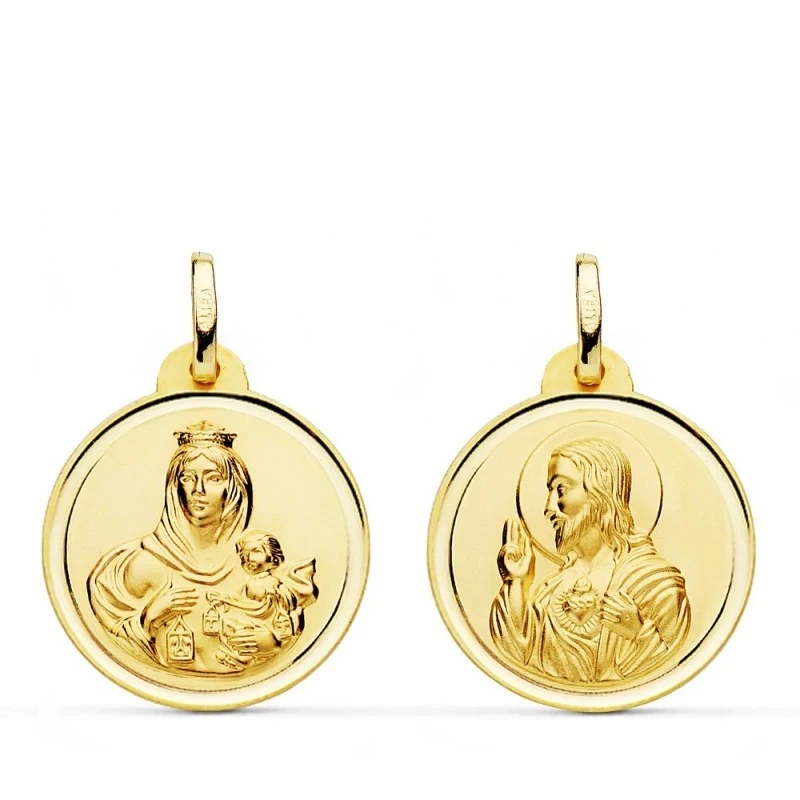 Medalla oro 18k colgante escapulario 20mm. Virgen del Carmen Corazón de Jesús bisel unisex