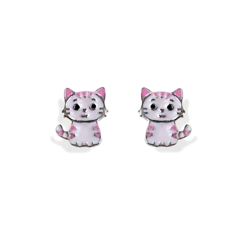 Pendientes plata Ley 925m niña 6 mm. gato esmaltado tornillo