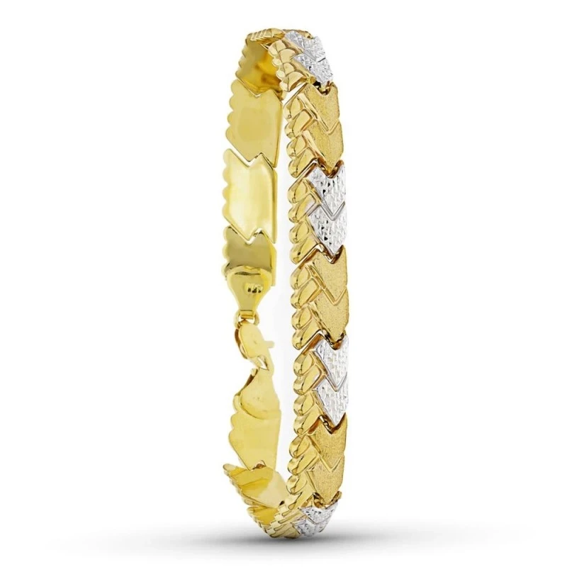 Pulsera oro bicolor 18k mujer semirrígida 19 cm. detalles estampados