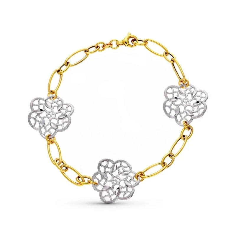 Pulsera oro bicolor 18k mujer eslabones combinados flores caladas mos