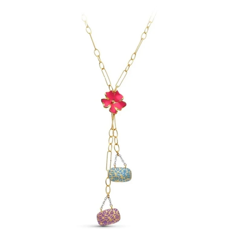 Gargantilla oro 18k mujer detalles colgantes flor esmaltada rosa bols