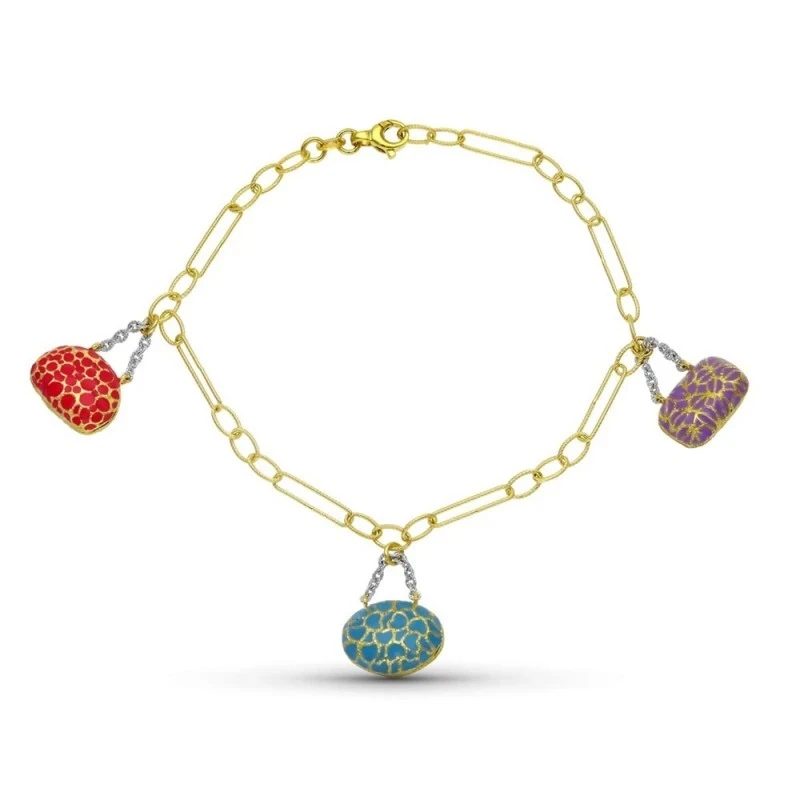 Pulsera oro 18k mujer eslabones detalles bolsos colgantes esmaltados